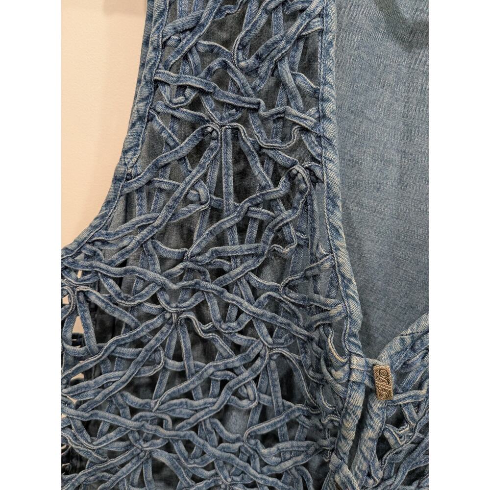Denim Jean Vest Women Large Cage Weave Boho Lattice Woven Whimsigoth Festival - Picture 8 of 8